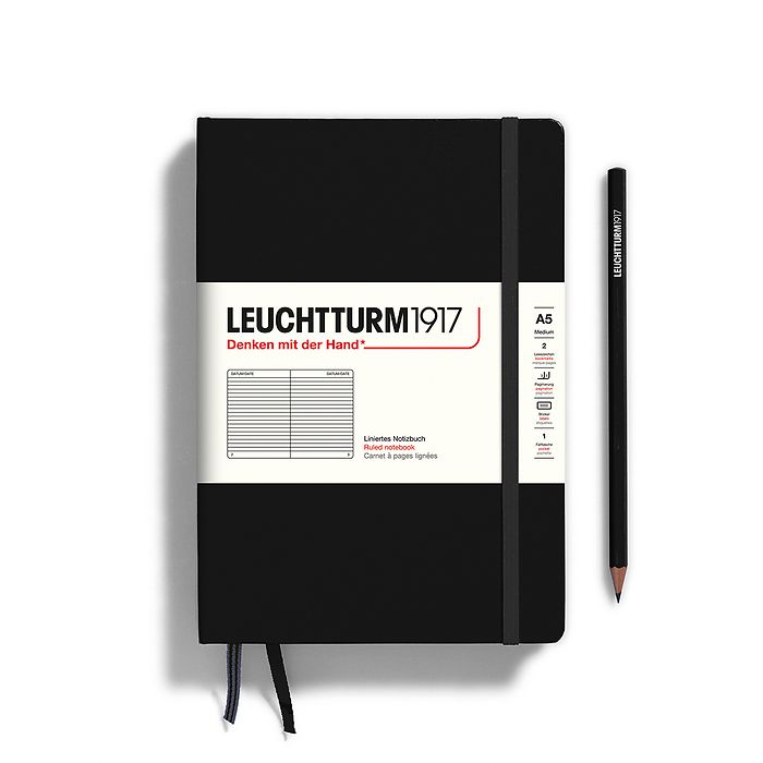 LEUCHTTURM1917 Notebook Medium (A5) Hardcover, 249 Numbered Pages, Ruled - Black