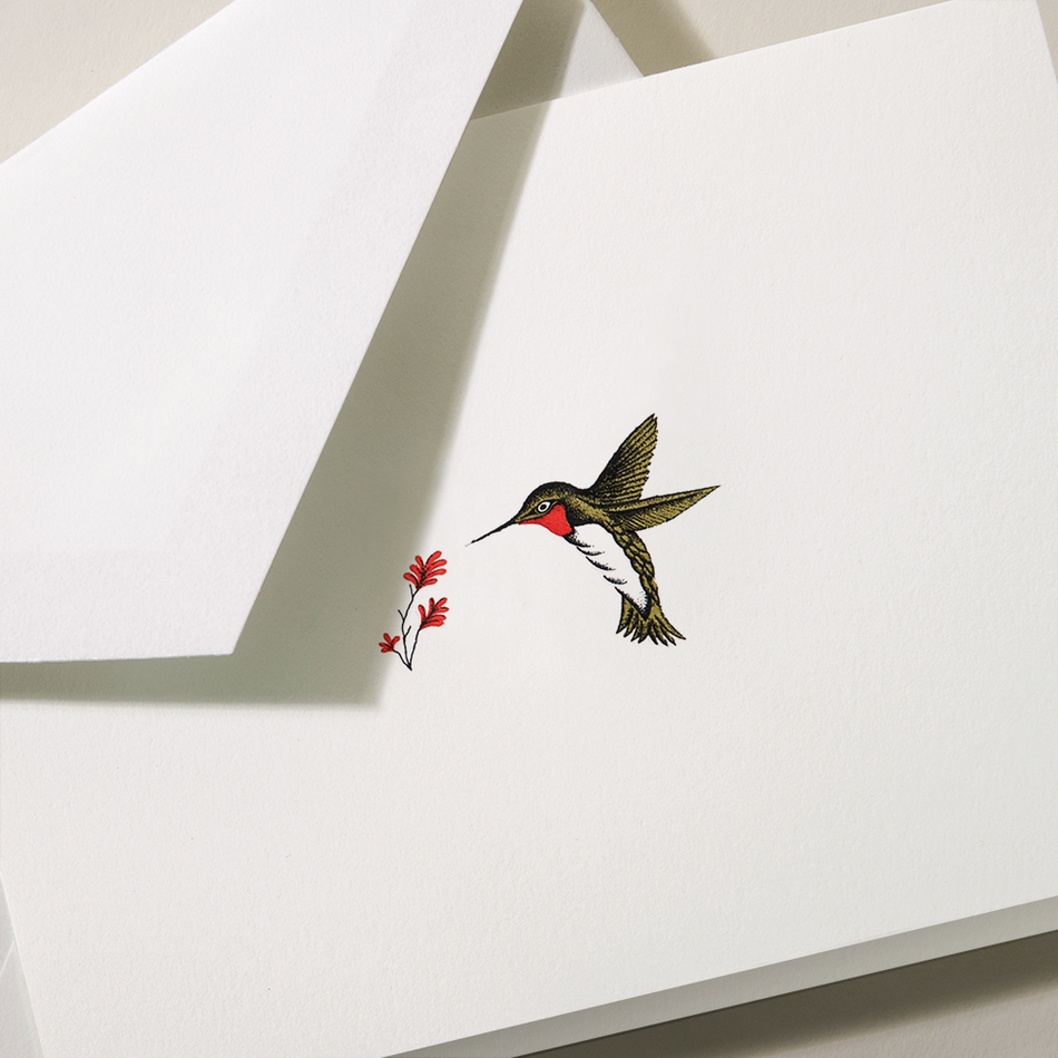 Hand Engraved Humming Bird Notes on Pearl White Kid Finish Stationery Set